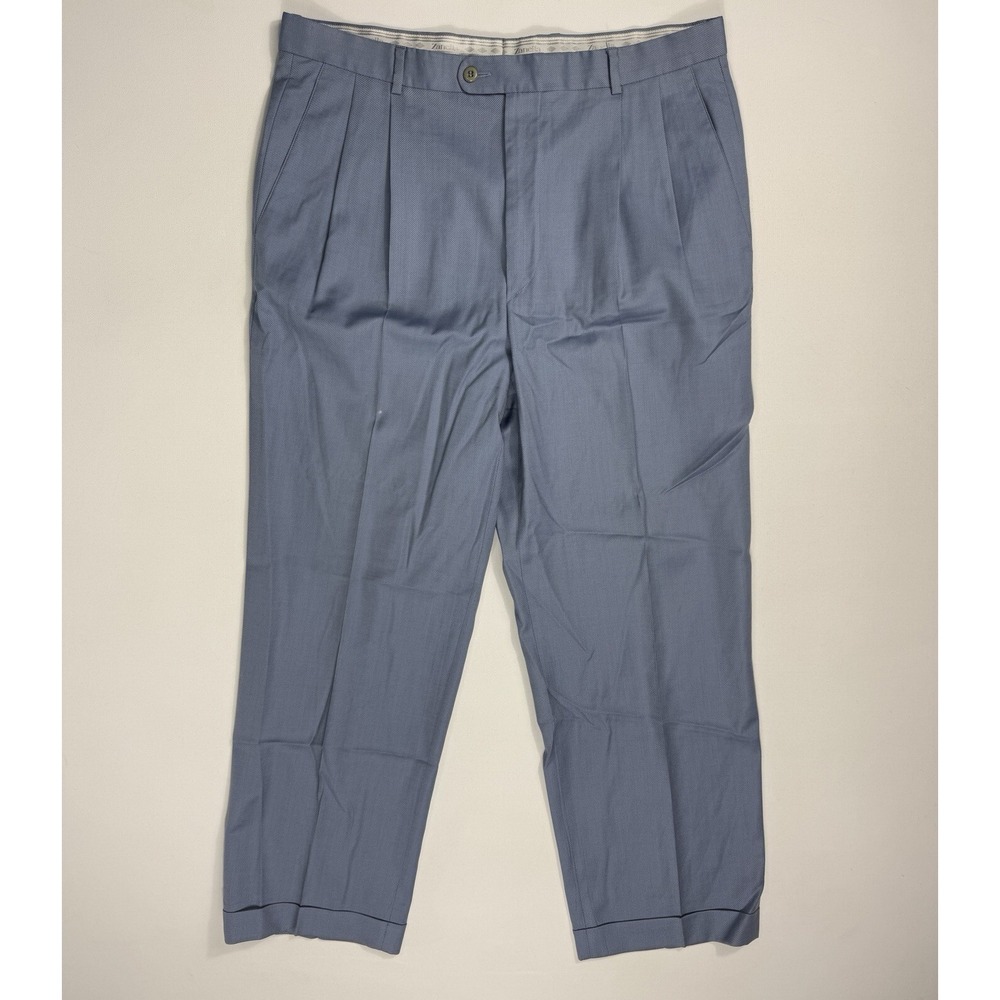 Zanella Bennett Blue Pleated Wool Dress Pants Mens 35x28 Cuffed Italy Designer